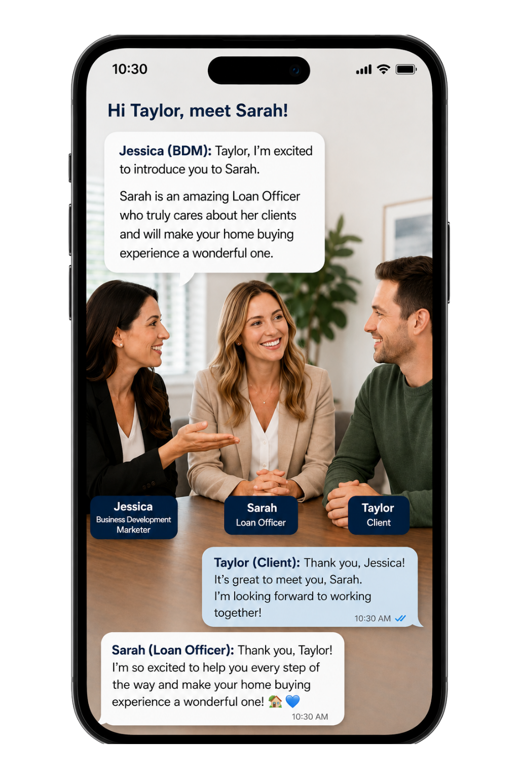 Illustration from the BDM presentation showing a marketer introducing a client to a loan officer.