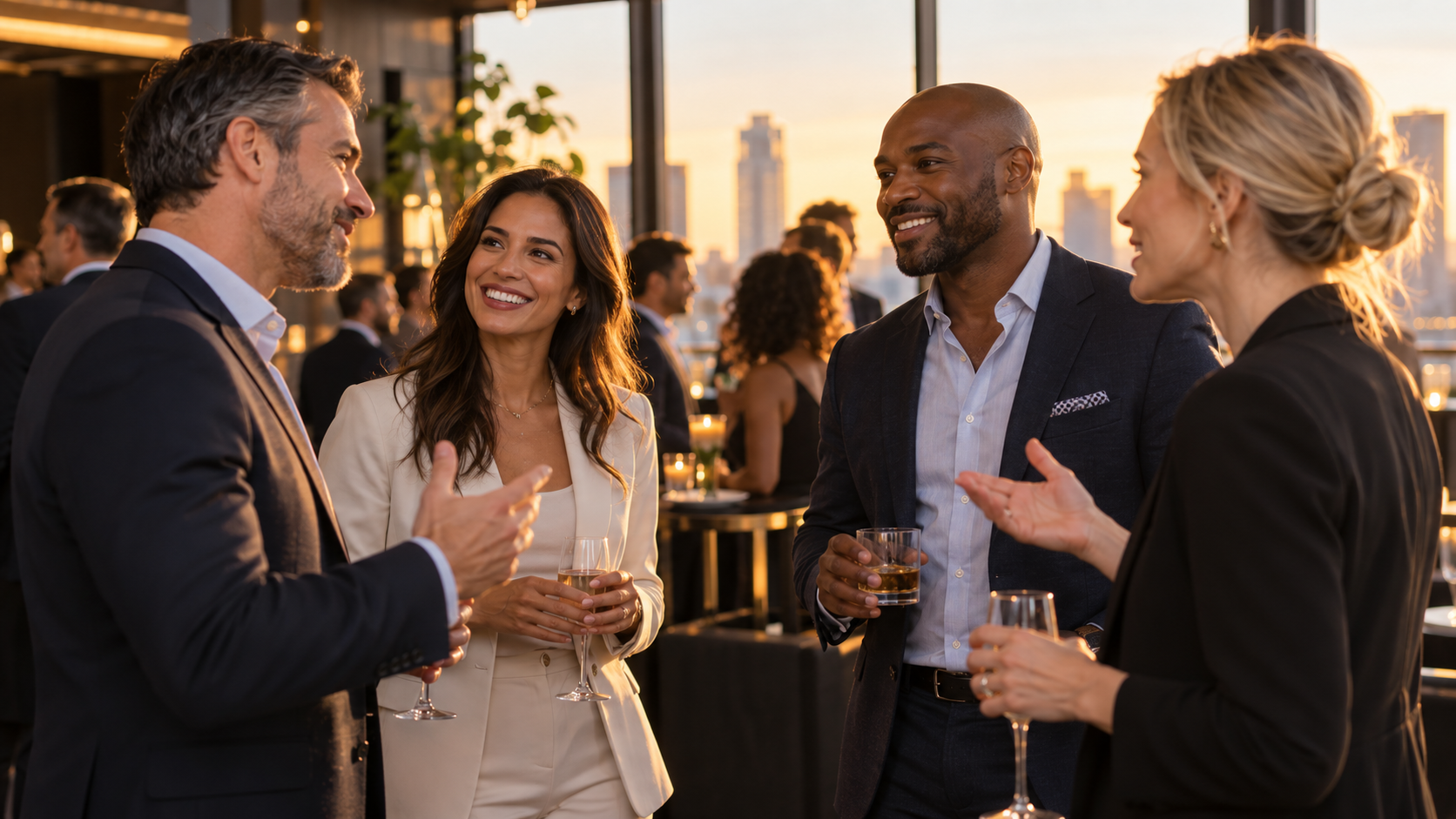 Illustrative scene of professionals connecting at a networking event.